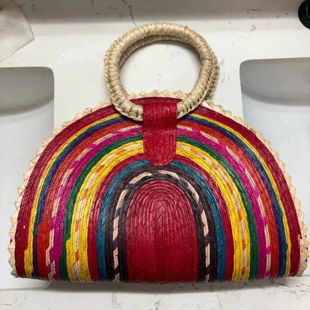 Free People Multicolor Straw Half-Moon Clutch with Natural Handles